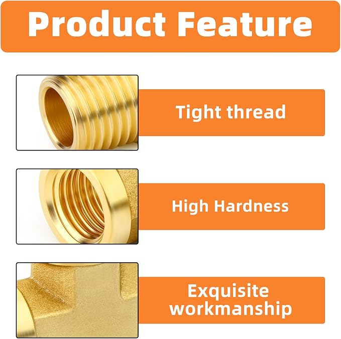 GASHER 2PCS Brass Tee Pipe Fittings, 1/8" NPT Female x 1/8" NPT Female x 1/8" NPT Male Pipe Fittings, Male Run Tee