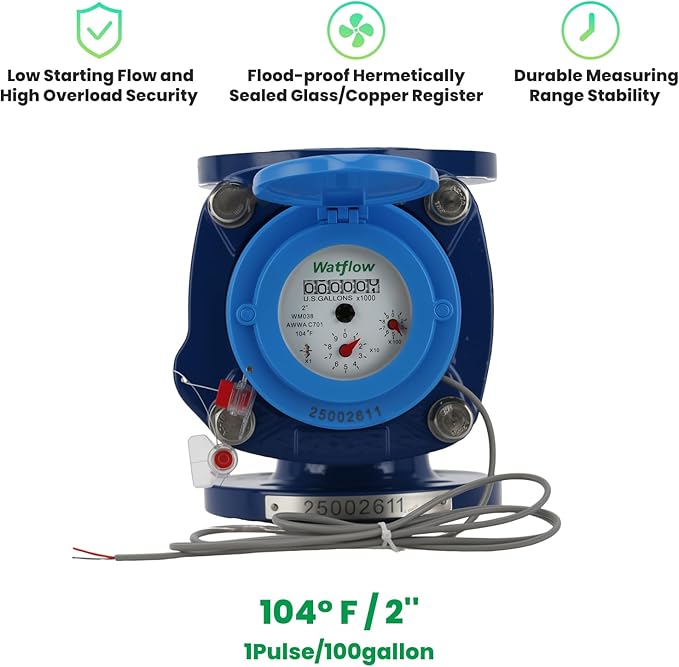Watflow 2" WoltmannHelix Water Meter,Detachable Water Meter,Pulse Output, Epoxy-Coated Cast Iron,Resistant Seals（GAL,Non-Potable Use）