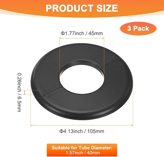 3-Pack Wall Split Flange, ABS Round Self-Adhesive Escutcheon Plate Cover Buckle for 40mm/1.57 in Dia Pipe Accessories/Floor/Ceiling, Plumbing Cover Plates [Black,6.5mm/0.26in H]