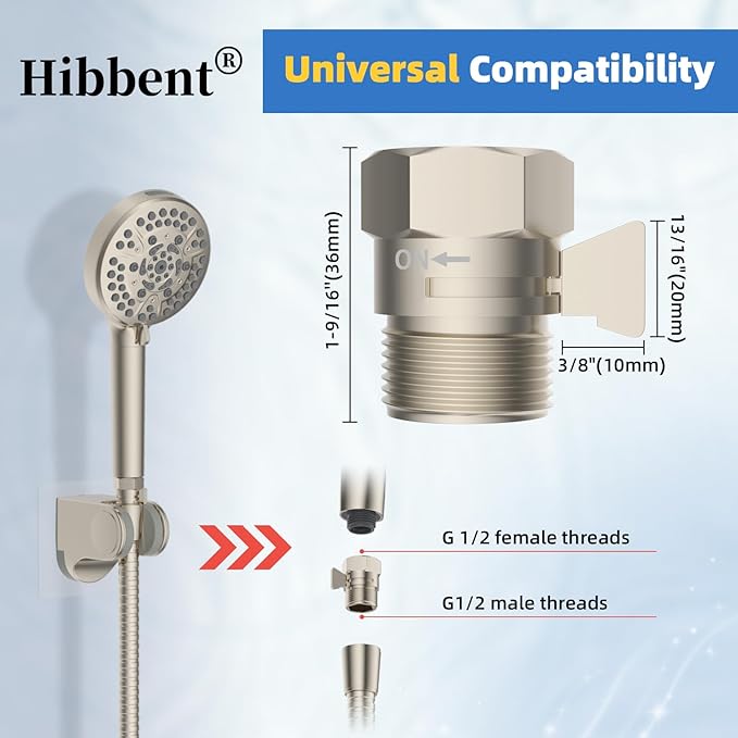 Hibbent All Metal 1 Pack Shower Head Flow Control Valve, G1/2 Brass Shut-off Valve with Metal Handle Lever, Shut OFF Water Flow Control Regulator for Handheld Shower, or Bidet Sprayer, Brushed Nickel