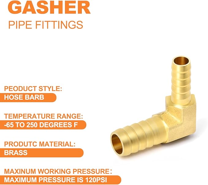 GASHER 2 Pieces Brass Hose Barb Reducer, 1/2 Inch to 3/8 Inch Barb Hose ID 90 Degree L Right Angle Elbow with 4 Hose Clamps, Brass Barb Reducer SPLICER Fitting Fuel/AIR/Water/Oil/Gas/WOG