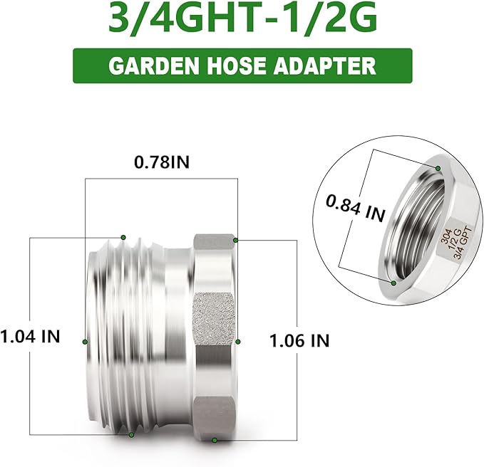 TAISHER 2PCS 304 Stainless Steel Garden Hose Adapter, Hex Bushing 3/4" GHT Male x 1/2" BSP Female Garden Hose Connector