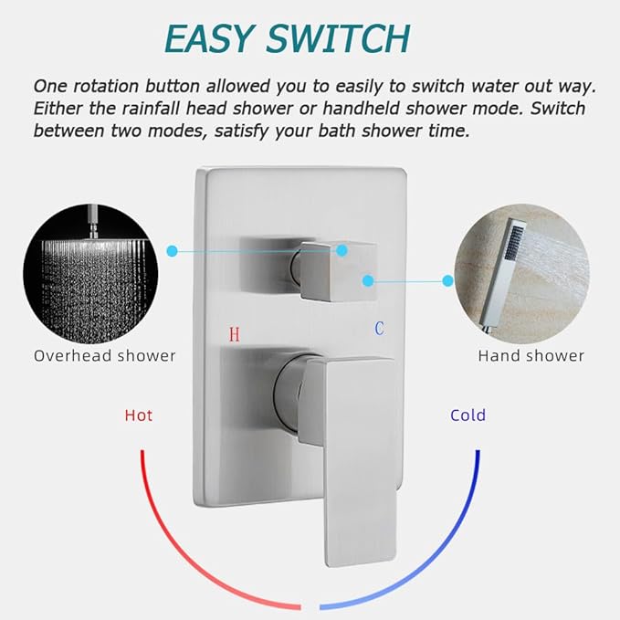 12 Inch Ceiling Mount Brushed Nickel Shower System Bathroom Luxury Rain Mixer Shower Combo Set Ceiling Rainfall Shower Head System (Contain Shower Faucet Rough-in Valve Body and Trim Kit)