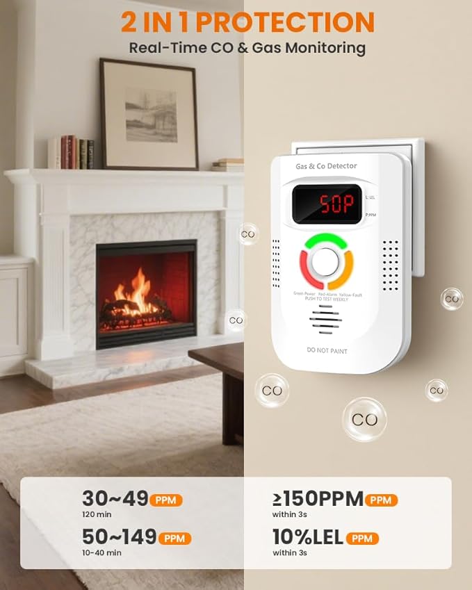 2-in-1 Natural Gas and Carbon Monoxide Detector,Household Combustible Gas and CO Alarm,Real-time LED Digital Display,Rapid Threshold Alarmor & Alarm(2-Pack)