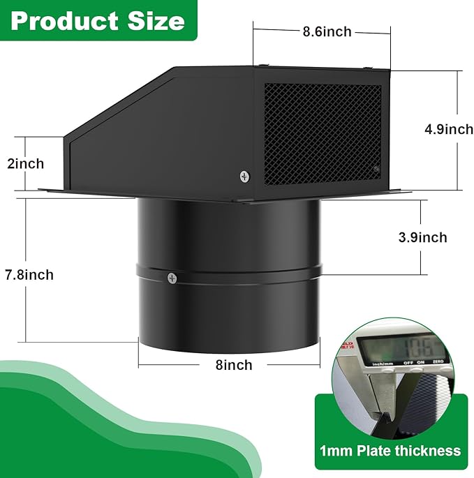 8 Inch Hooded Wall Vent with Screen and Damper, Galvanized Steel Exhaust Wall Vent, Outdoor Wall Vent Cap for Residential Housing Kitchen Rangeand Outside HVAC Duct Air Exhaust