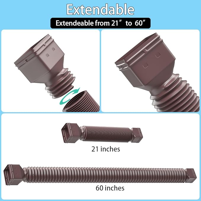 2 Pack Rain Gutter Downspout Extensions,Drain Downspout Extender Diverter, Flexible Downspout Extensions Can Extendable from 21 to 60 Inches (Brown)