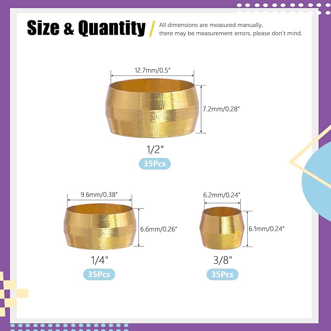 Swpeet 105 Pcs Tube OD 1/4'' 3/8'' 1/2'' Brass Compression Sleeves Ferrules, 3 Sizes Brass Compression Fitting Ferrules Assortment Kit Metal Hardware Tightly Good Sealing