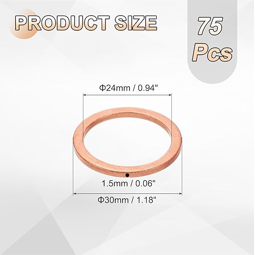 uxcell 75Pcs M24 Flat Washer Copper Washer Sealing Rings, 24mm ID 30mm OD 2mm Thickness Copper Crush Washers Metric Sealing Gasket for Plumbing Machinery Automotive