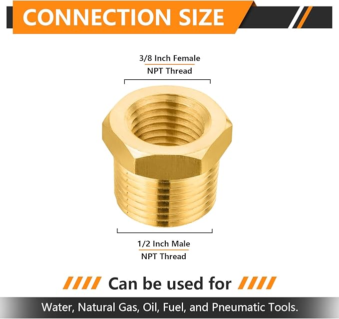 10-PCs HeSun Brass Thread Pipe Fitting, 1/2" NPT Male x 3/8" NPT Female Reducer Hex Bushing Adapter(NPT031)