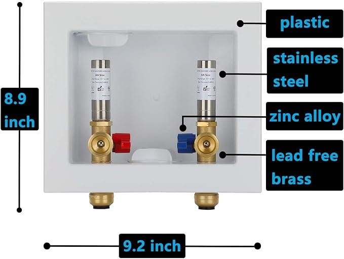 (1 Pack) Lidertik Washing Machine Outlet Box Push to Connect with Hammer Arrestors and Center Drain, Inlet 1/2 inch Push to Connect x Outlet 3/4 inch Male Thread, Absorb Shock And Reduce Noise 651-11