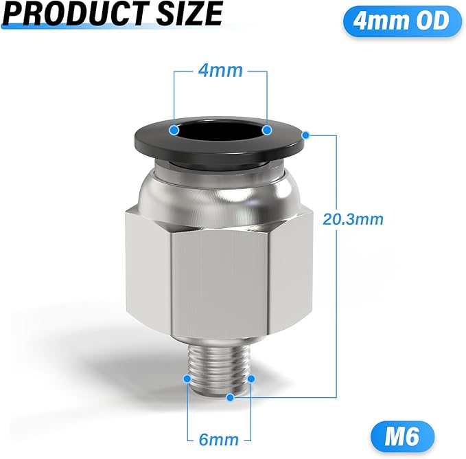 TAILONZ PNEUMATIC Male Straight 4mm Tube OD x M6 Thread Push to Connect Fittings PC4-M6 (Pack of 10)