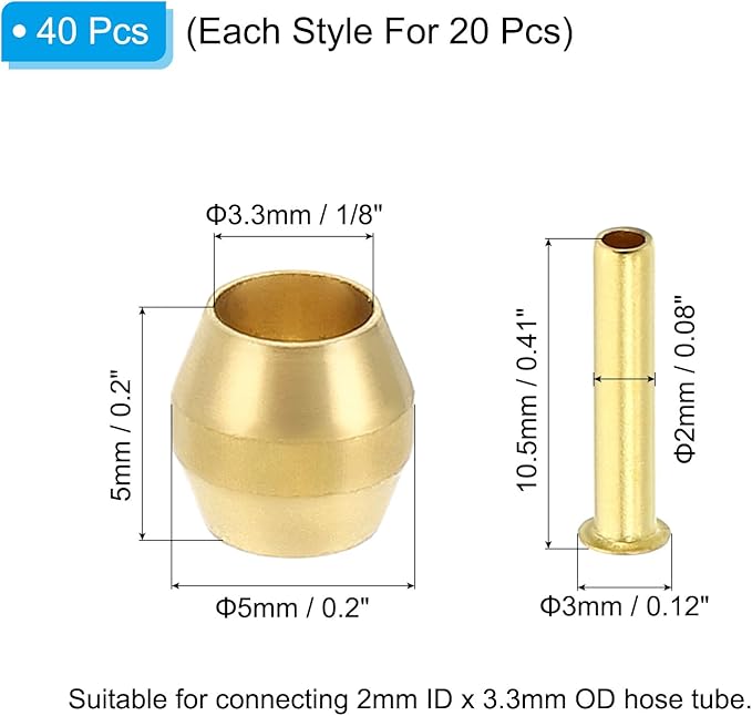 PATIKIL Brass Compression Sleeves Ferrules for 1/8 Inch OD Hose Tube, 20 Pack Brass Ferrule Brass Compression Insert Fitting Assortment Kit for Air Water Gas Pipe