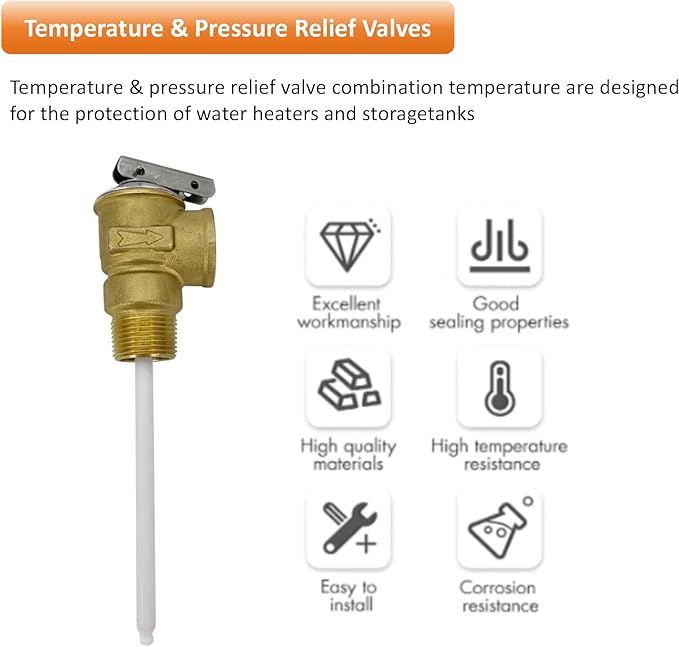 Long Term Temperature and Pressure Relief Valve Automatic with Extension Probe and Lever,3/4"NPT Pressure Relief Valve,All brass body.