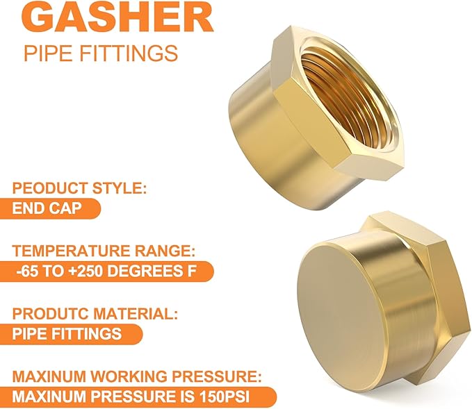 GASHER 3/4"NPT Brass Pipe Cap, NPT Female Thread Socket Pipe End Cap Plugs Fitting 10PCS