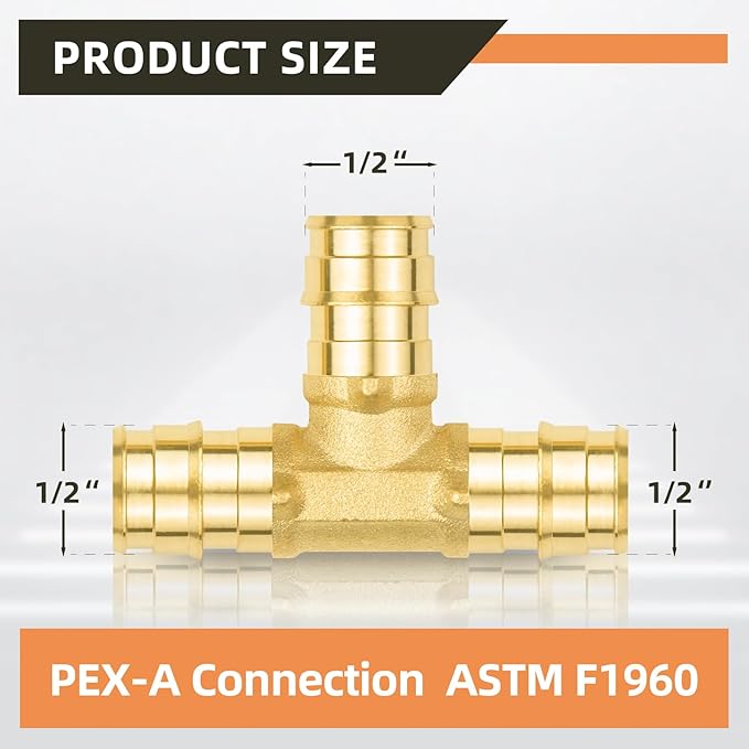10-Pack YVSKM 1/2" PEX-A Tee Expansion Fitting, Lead-Free Brass Full Flow Connector, ASTM F1960 & cUPC Certified for Residential Hot & Cold Water and Radiant Heating Systems