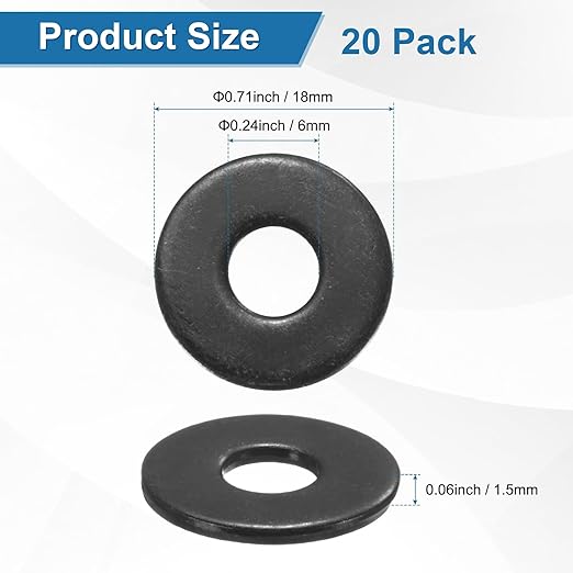 20-Pack M6 Flat Washers, Metric 18mm OD 1.5mm Thick 304 Stainless Steel Washers for Bolts Screws Nuts for Automotive/Machinery/Furniture, Flat Metal Washers [Black Galvanized]