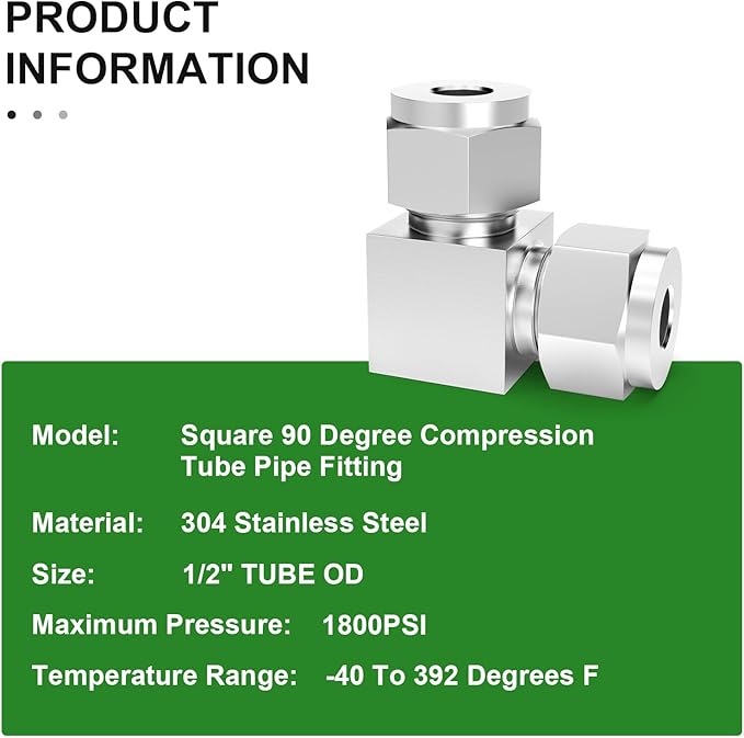 TAISHER 1PCS 304 Stainless Steel Square 90 Degree Compression Tube Pipe Fitting Connector, 1/2" Tube OD x 1/2" Tube OD Adapter