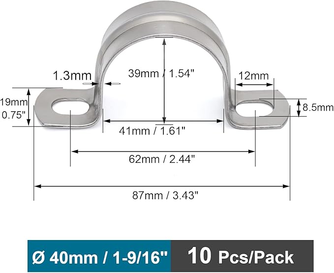 10 pcs 1-9/16" Conduit Clamp 304 SS Pipe Support U Bracket, Tube Clamps for Cable/Pipe, Heavy Duty Pipe Clamp | OD 1-9/16" | 10 pcs