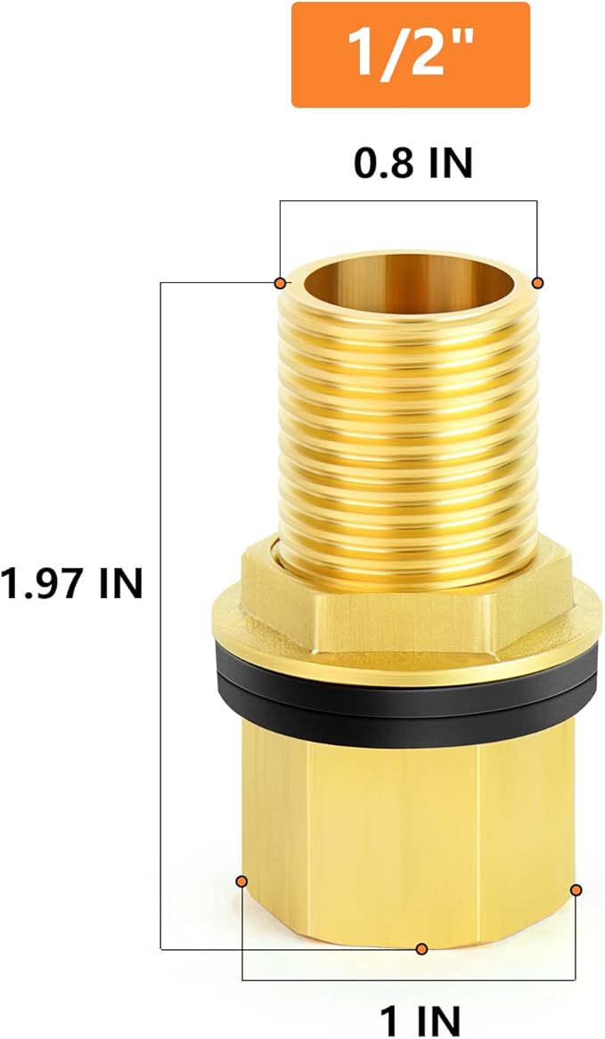 GASHER 5PCS Brass 1/2" Female 1/2" Male Bulkhead Tank Connector Adapter Fitting with Rubber Ring