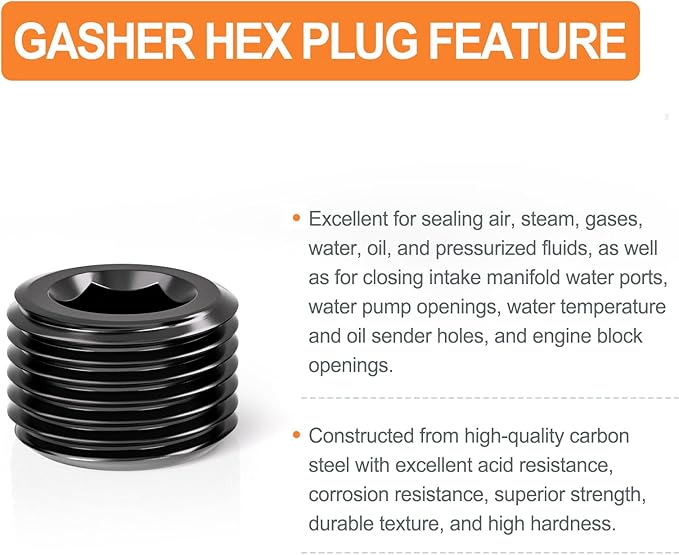 GASHER 25Pcs Carbon Steel Pipe Plug Fitting Internal Hex Thread Socket Pipe Plug Set, 1/8" 1/4" 3/8" 1/2" 3/4" NPT