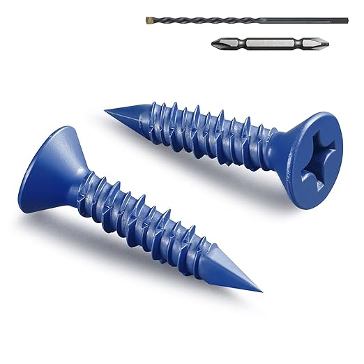 35Pcs 3/16 x 1-1/4 Inch Concrete Screws Anchor with Drill Bit, Blue Flat Head Masonry Brick Stucco Cement Block Screws, Diamond Point