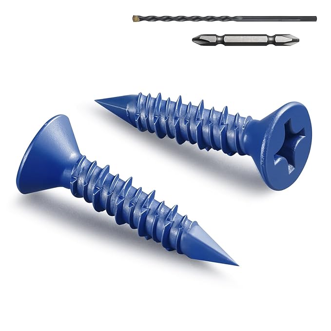 100Pcs 3/16 x 1-1/4 Inch Concrete Screws Anchor with Drill Bit, Blue Flat Head Masonry Brick Stucco Cement Block Screws, Diamond Point