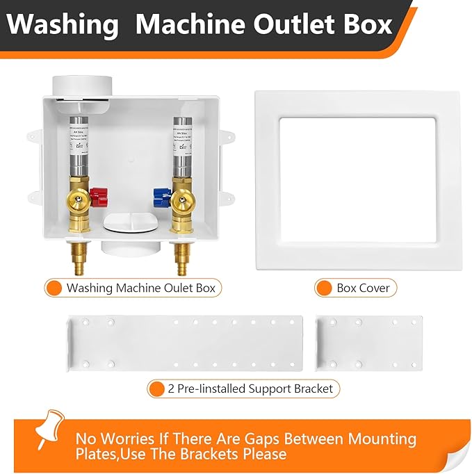 1-Pack HeSun Washing Machine Outlet Box, 1/2 Inch Crimp Pex Inlet x 3/4 Inch MHT Outlet, Pex Washer Laundry Box with Center Drain,with Stainless Steel Arrestor(WM007)