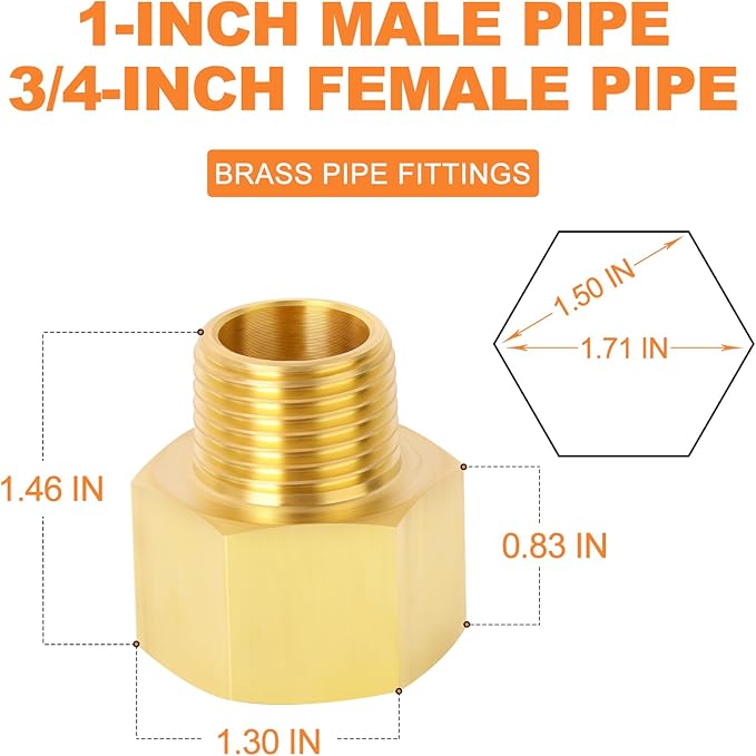 GASHER 5PCS Brass Pipe Fitting, Reducer Adapter, 1-Inch Male Pipe x 3/4-Inch Female Pipe