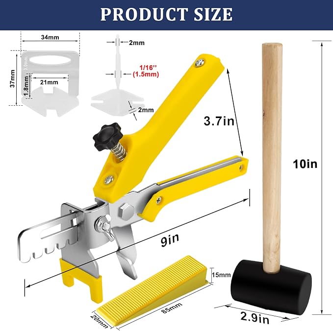 Tile Leveling System with Tile Plier and Rubber Mallet, 1000 Piece Tile Spacers Clips and 200 Piece Reusable Wedges, Tile Leveler Tool Set for Tile and Stone Installation (1/16 Inch）