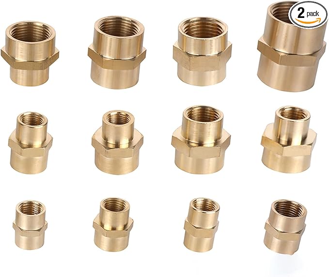 Hex Couplings, 1/4" NPT Female To Female Brass Hex Nipple Adapters, Brass Pipe Extension Fittings for Oil/Air/Water/Gas Systems. (2 Pack)