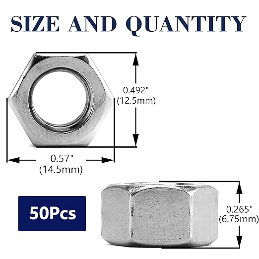 5/16-18 Hex Nuts 50Pcs 304 Stainless Steel 18-8, Full Thread, Hex Drive, Bright Finish by SG TZH