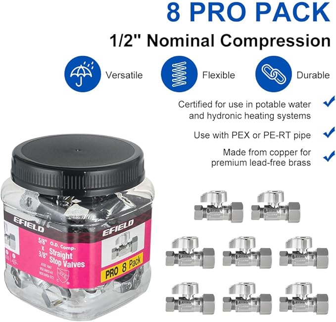 Pro 8-Pack EFIELD Straight Stop Valve 1/2" Nominal (5/8" OD) Compression x 3/8" OD, 1/4-Turn, Heavy Duty, Chrome Plated LF Brass,(VALVE373)