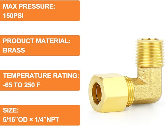GASHER 5PCS Brass 90 Degree Elbow Compression Tube Pipe Fitting Connector, 5/16" Tube OD x 1/4" NPT Male Connector