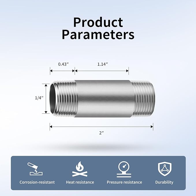 1/4"x2" 304 Stainless Steel Pipe, 1/4" NPT x 1/4" NPT Male Threaded Nipple, SCH40 Heavy Duty Pre-Cut Steel Pipe for Plumbing Gas, Hydraulic, and Industrial Applications(2", 2 Piece)