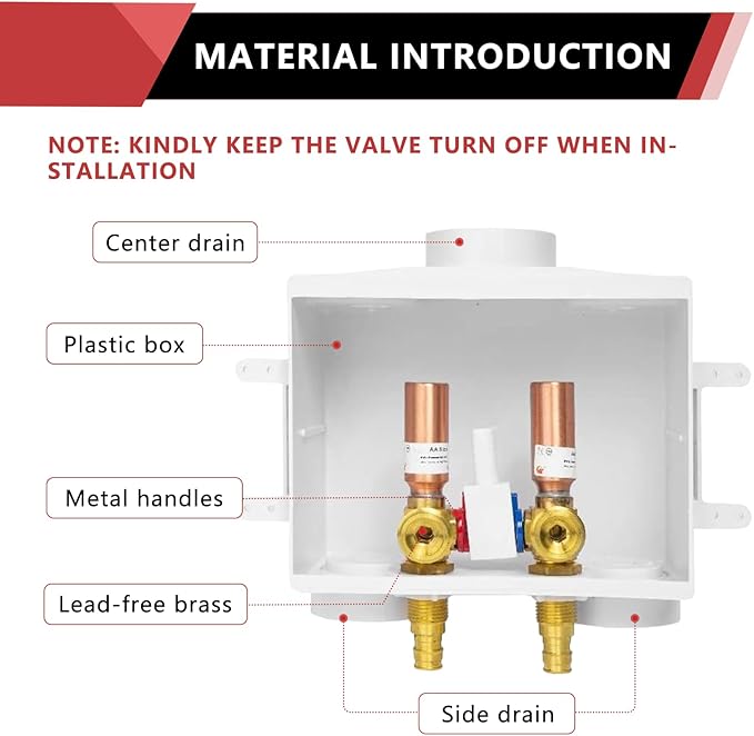EFIELD Double Drain Washing Machine Outlet Box, 1/2-inch Expansion Pex-A F1960 Inlet, Single Control Valve, Water Hammer Arrestor (Copper),(WM018)