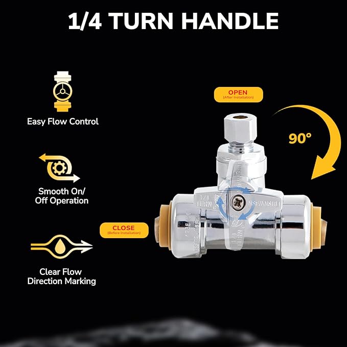 Tee Stop Valve, 1/2" PTC x 1/2" PTC x 1/4" OD Compression, Push to Connect Brass Plumbing Fitting for PEX, Copper, CPVC Pipe, Quarter-Turn Shut Off Water Valve Disconnect Clip