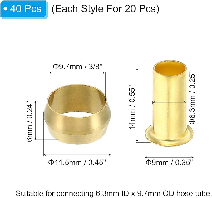 PATIKIL Brass Compression Sleeves Ferrules for 3/8 Inch OD Hose Tube, 20 Pack Brass Ferrule Brass Compression Insert Fitting Assortment Kit for Air Water Gas Pipe