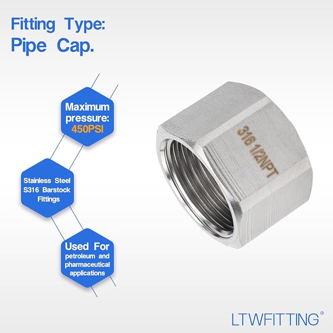 LTWFITTING Bar Production Stainless Steel 316 Pipe Cap Fittings 1/2-Inch NPT Fuel Boat (Pack of 200)