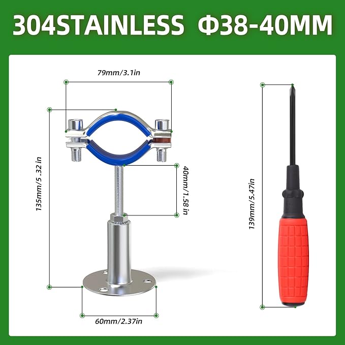TAISHER 4PCS 304 Stainless Steel Wall Mount Ceiling Mount Adjustable Pipe Supports，Adjustable Pipe Strap Bracket，Suitable for 1-1/4 inch diameter tubes (38-40mm) with Screws，Adjustable Height 50-100mm