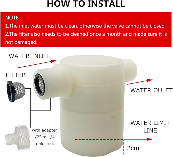 Water Float Valve, Water Level Control Water Tank Traditional Float Valve Upgrade 2 PCS (side inlet, 1/2" to 1/4")