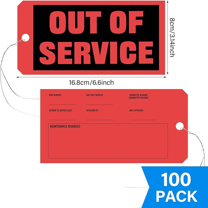Spakon Out of Service Tags 6.22 x 3.15 Inches Maintenance Required Red Tags with 12 Inches Wires Attached for Machine Equipment Inspection Maintenance(100 Packs)