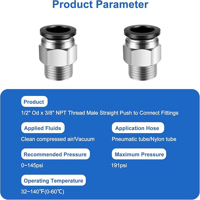 10 Pcs Push-to-Connect Fittings 1/2 Inch Tube OD x 3/8 Inch NPT Thread Pneumatic Male Straight Quick Connect Air line fittings
