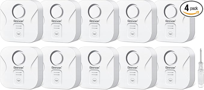 Geevon 4 Pack Water Leak Detectors for Home, 100dB Water Sensor Alarm Flood Leakage Detection Devices for Bathroom, Basements, Laundry Rooms, Kitchen, IP56 Waterproof(Battery＆Screwdriver Included)