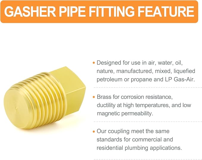 GASHER 10PCS Brass Square Plug 1/8" NPT Male Brass Drain Plug Pipe Fitting
