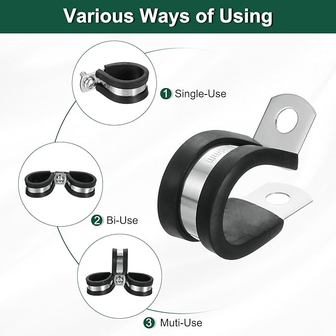 uxcell 3/4"(18mm) Cable Clamp, 304 Stainless Steel Rubber Cushioned Insulated Clamp R Shape Metal Clamp Tube Holder for Pipe Hose Wire Cord Installation 16Pcs