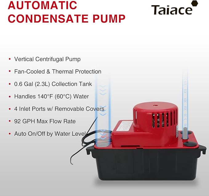 Professional Condensate Pump 115V/120V, 92GPH Flow & 20ft Lift, Auto Safety Switch for HVAC/AC/Dehumidifier/Furnace, Quiet with 20ft Tubing & 2 x Hose Clamp