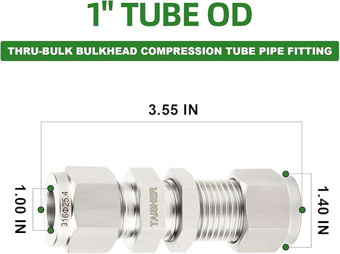 TAISHER 1PCS 316 Stainless Steel Thru-Bulk Bulkhead Compression Tube Pipe Fitting Connector, 1" Tube OD x 1" Tube OD Straight Adapter