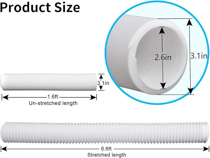 Extra Extension Flexible Pipe for Prestantious 3.1” Pipe, 2.6 inches ID, 3.1 inches OD, Stretched Length 6.6ft, White