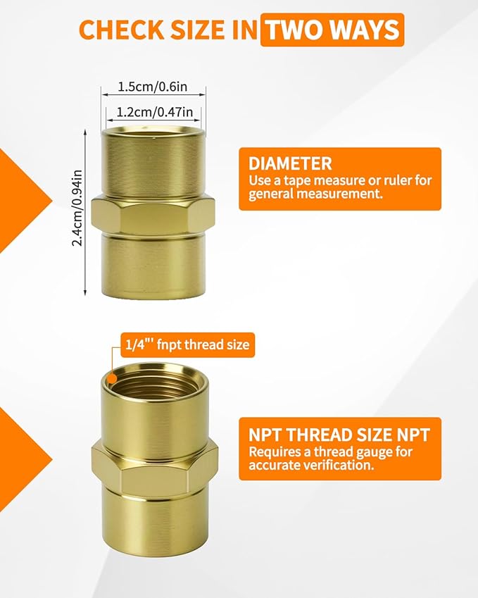 8 PCS Brass Coupling, 1/4 NPT Coupler Female to Female Hex Head Pipe Fitting, Compressor Connector 1/4 FNPT to 1/4 FNPT Coupler, Air Hose Adapter Brass Fittings