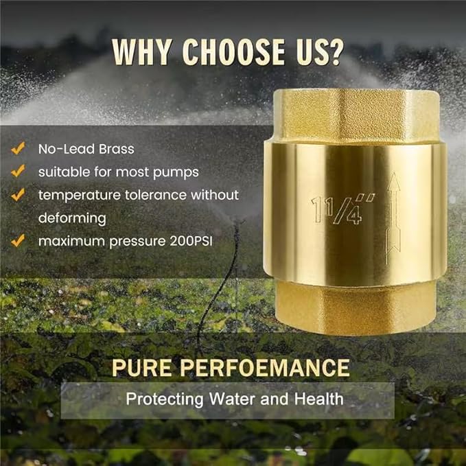 1 1/4-Inch Check Valve,Female NPT,No-Lead Brass,Female Pipe Thread Compatible with Most Pumps,Silent Check Valve,Prevents Backflow in Well or Irrigation Systems